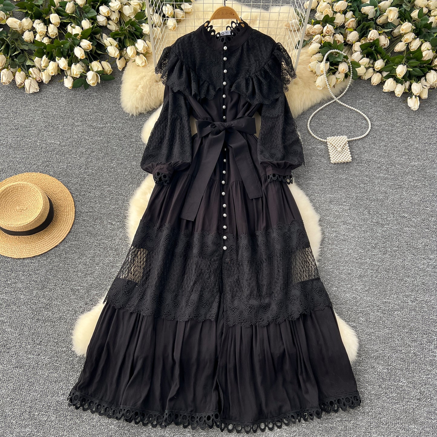 Vintage Vogue French Court Maxi Dress with Lace Panels and Ruffles