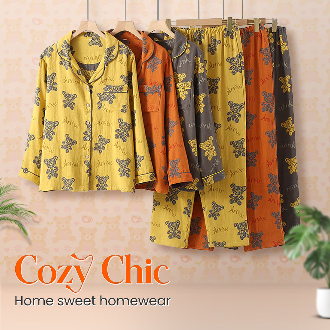 New Retro Bear Style Yarn-Dyed Jacquard Cotton Long Sleeve Trousers For Spring and Summer Loungewear