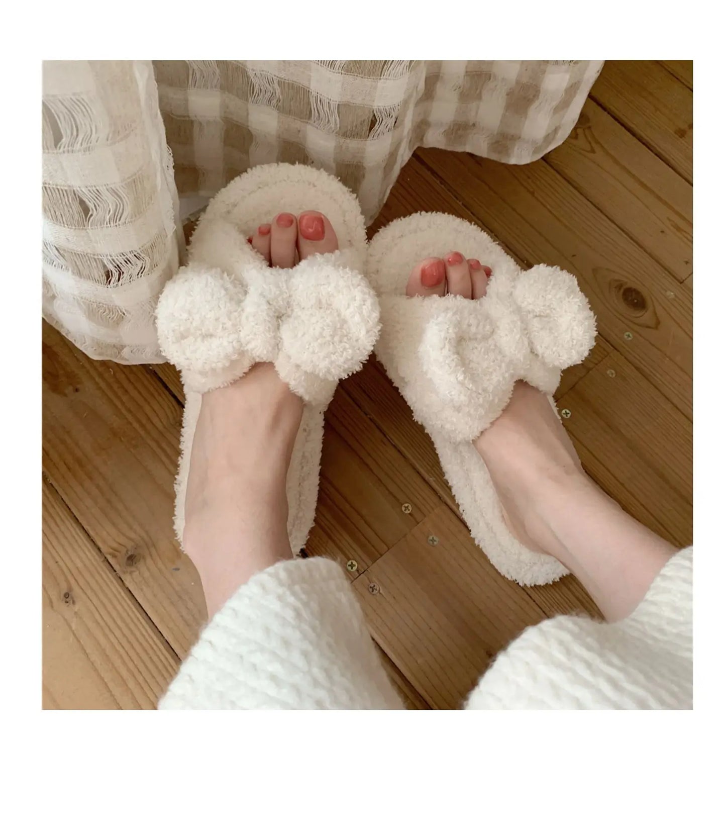 Korean Style Girls Vintage Fluffy Bow Winter Warm Slippers
