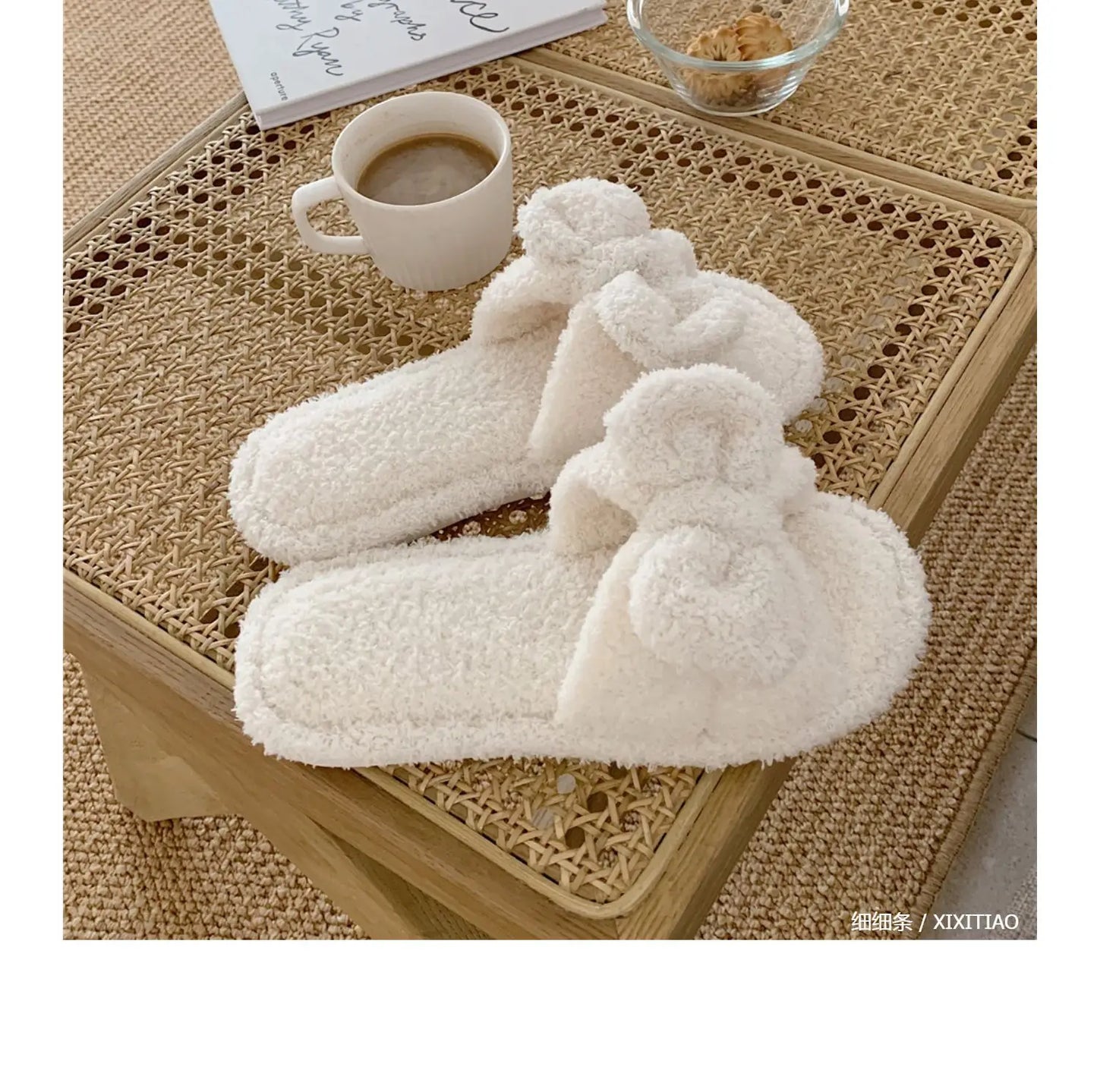 Korean Style Girls Vintage Fluffy Bow Winter Warm Slippers