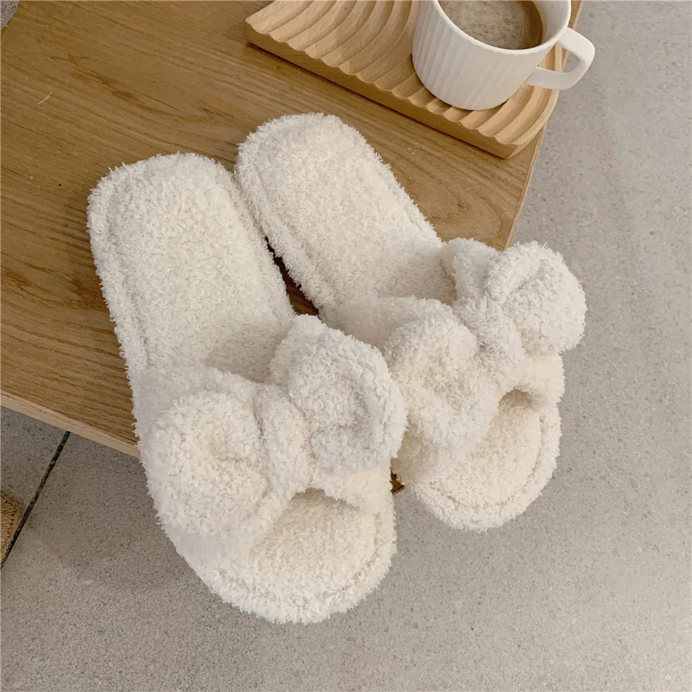 Korean Style Girls Vintage Fluffy Bow Winter Warm Slippers