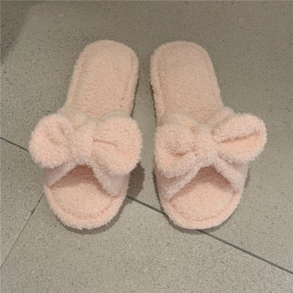 Korean Style Girls Vintage Fluffy Bow Winter Warm Slippers