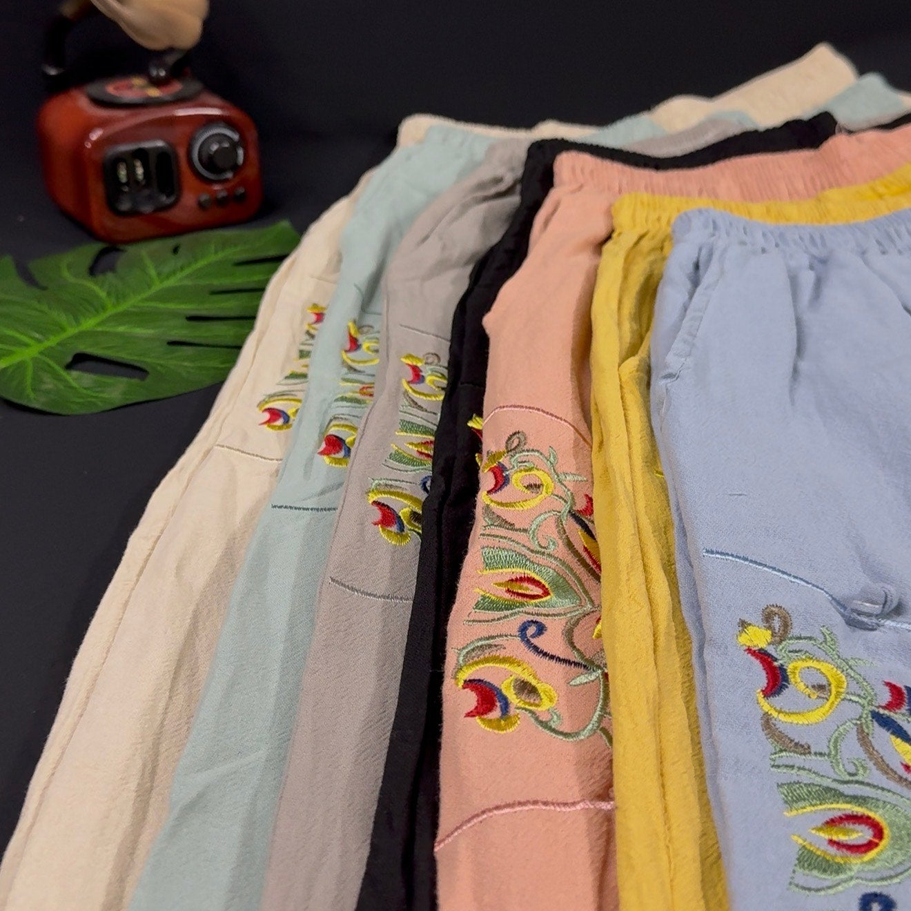 Summer Retro Style Embroidered cotton and linen slacks, women's pant
