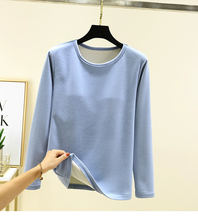 Women's Winter Velvet Round Neck Solid Color Warm T-shirt Top With Chest Pad