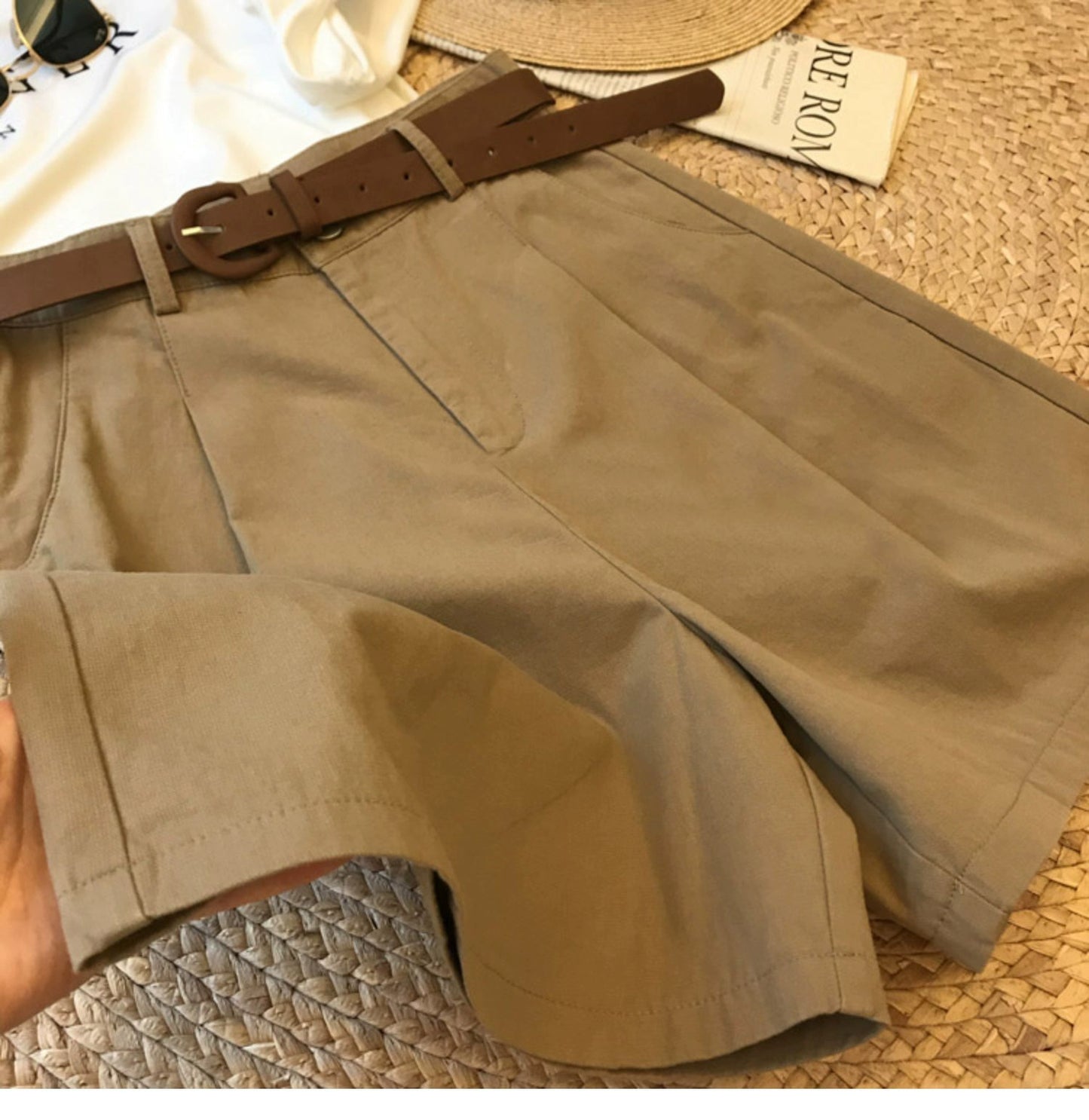 Japanese Retro Simple Solid Color High waist thin versatile wide-leg suit shorts