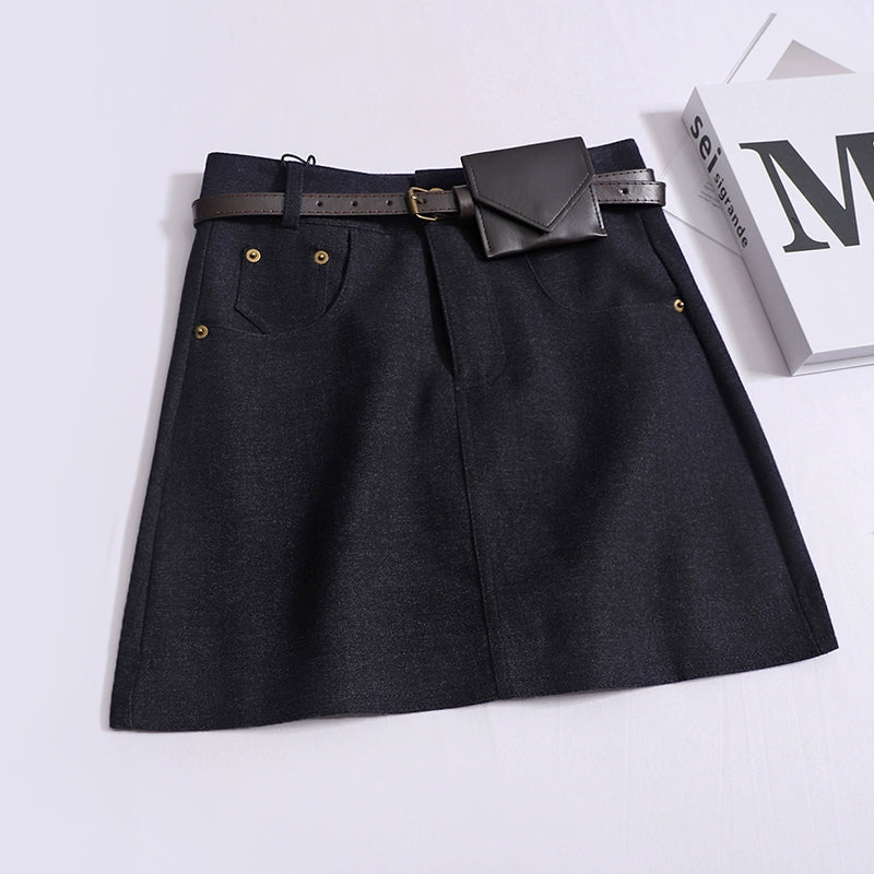 Fashionable And Versatile High Waist Thin Anti-Walking Short A-line Skirt With A Belt & Bag