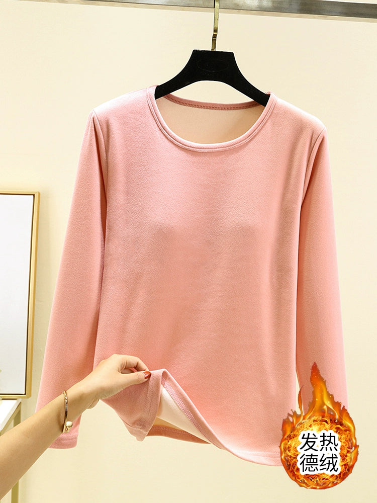 Women's Winter Velvet Round Neck Solid Color Warm T-shirt Top With Chest Pad