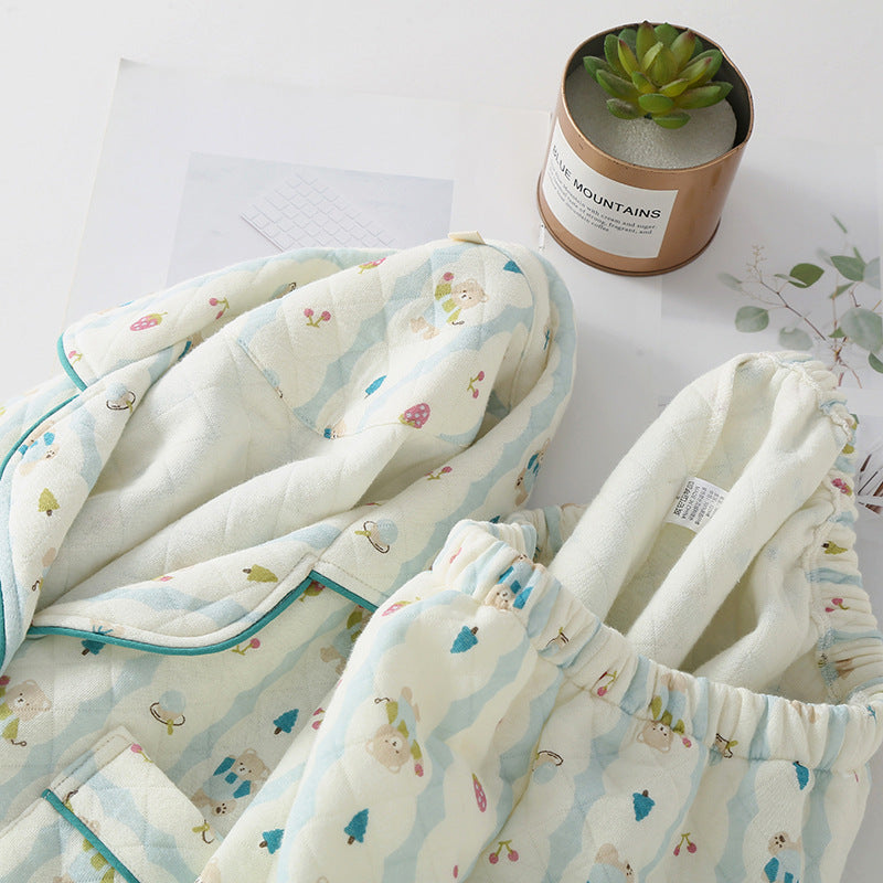 Premium Pure Three-Layer Air Cotton Quilted Printed Loungewear With Lapel Collar For Autumn And Winter