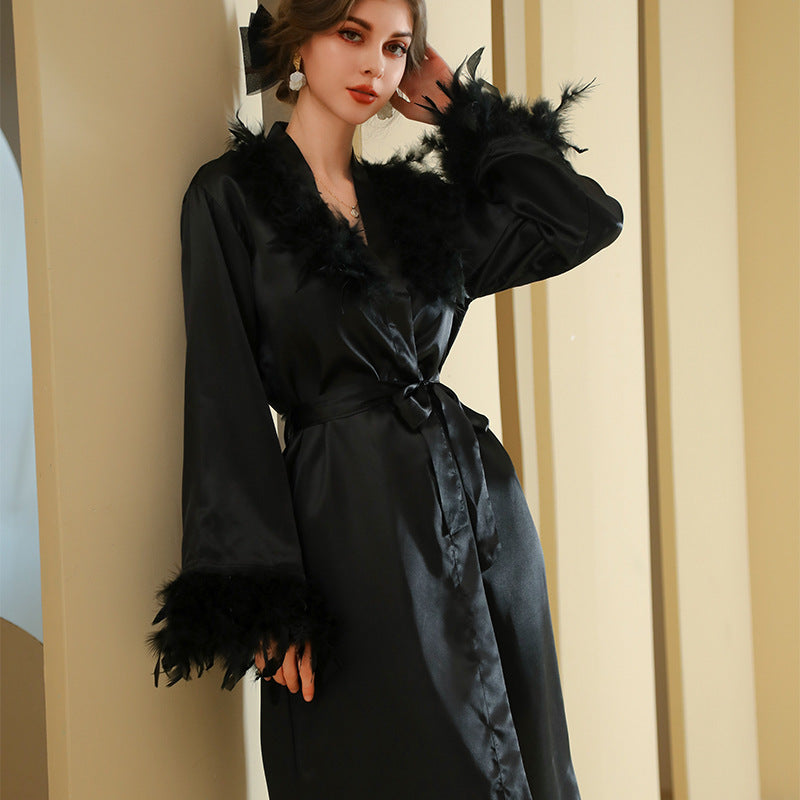 Bride Fur Collar Full Sleeved Feather Long Wedding dressing And Night Gown