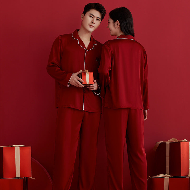 Simple and Casual Full Sleeve Couple Silk Red Loungewear Nightdress For Spring Summer Autumn