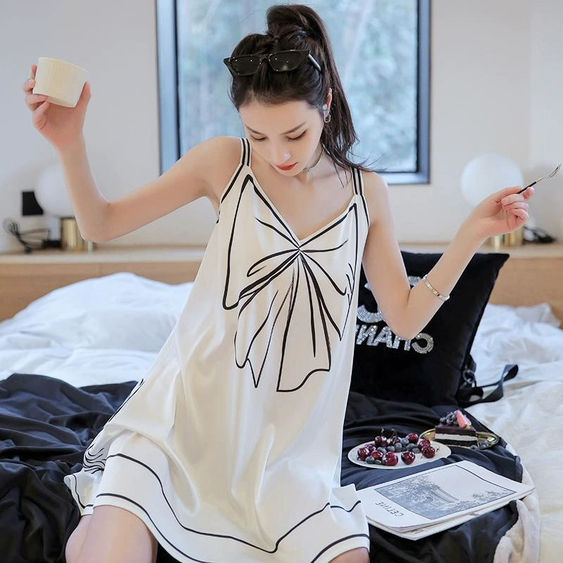 Cute Casual Style Bow Design Sleeveless Plus-Size Summer Suspender Nightdress