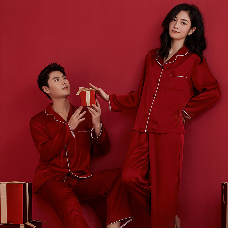 Simple and Casual Full Sleeve Couple Silk Red Loungewear Nightdress For Spring Summer Autumn
