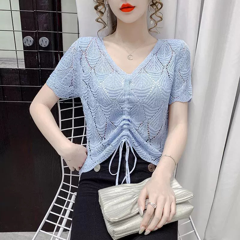 Cut-out drawstring V-neck long sleeve knitted Summer friendly Cropped tops