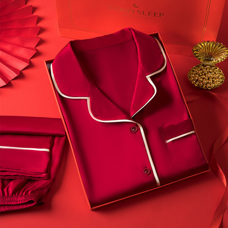 Simple and Casual Full Sleeve Couple Silk Red Loungewear Nightdress For Spring Summer Autumn