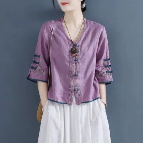 Women's Retro Style Embroidered cotton linen V-neck tops