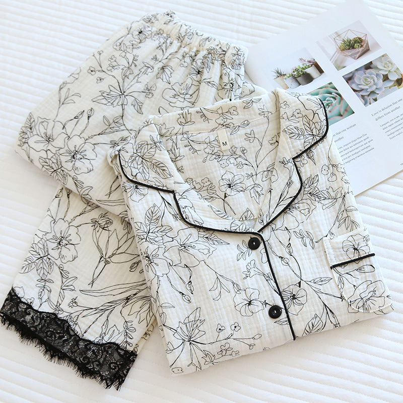 Floral Serenity Cotton Yarn Loungewear Suit with Lapel Collar For Woman