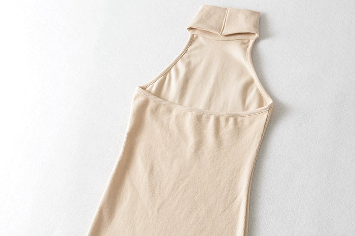 Simple Solid Colour Open Back, High Neck, and Slim Fit Dress