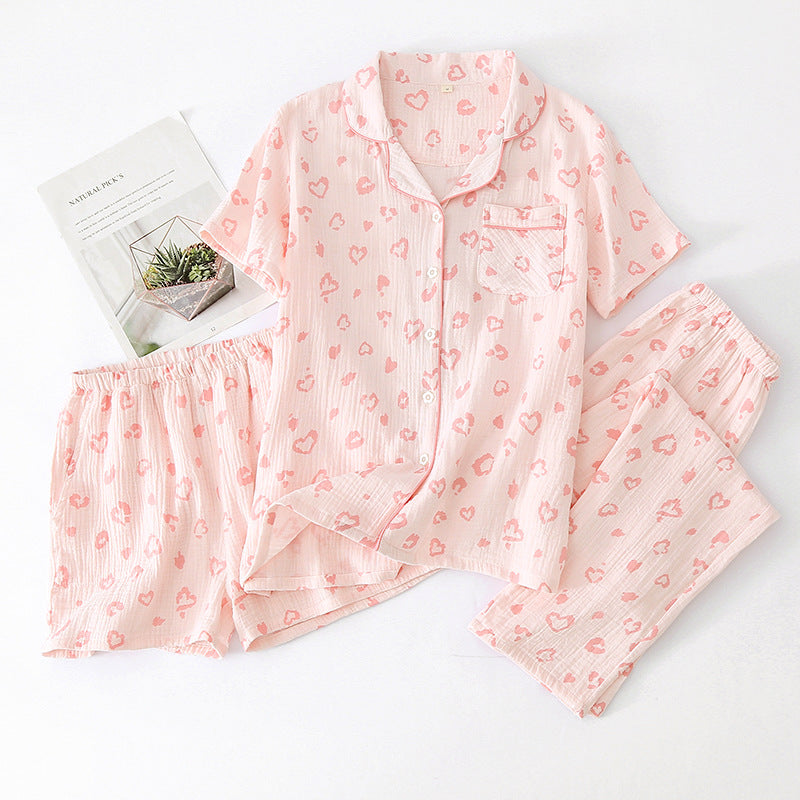 Light and Airy Summer Friendly Cotton Crepe Pink 3 Pieces Loungewear Set For Ladies