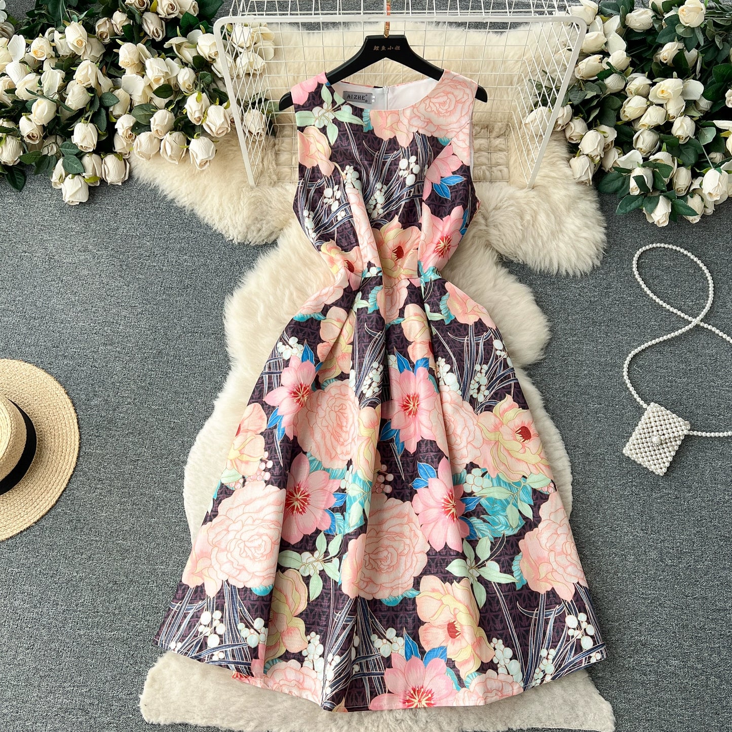 Floral Elegant Sleeveless Pleated Waist-Defining Skirt Dress For Women