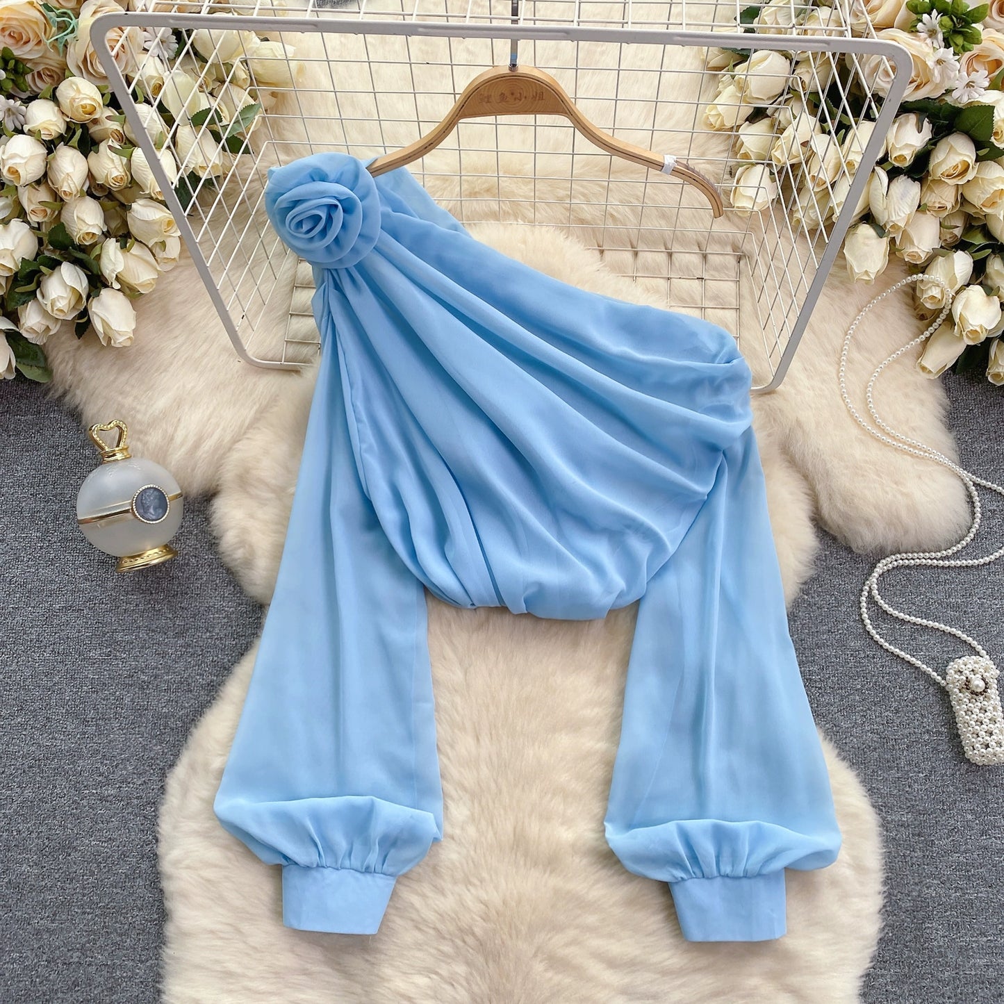 Chiffon Off-Shoulder Puff Sleeve French Top