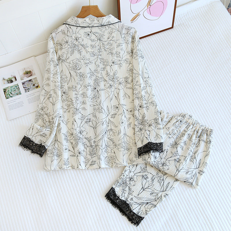 Floral Serenity Cotton Yarn Loungewear Suit with Lapel Collar For Woman