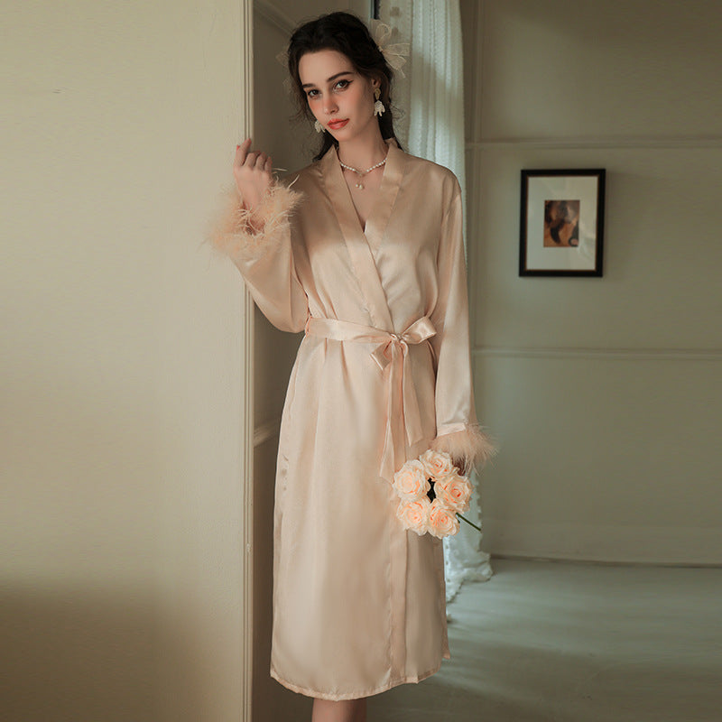 European and American Style Long Sleeved Bridal Night Gown With Feather