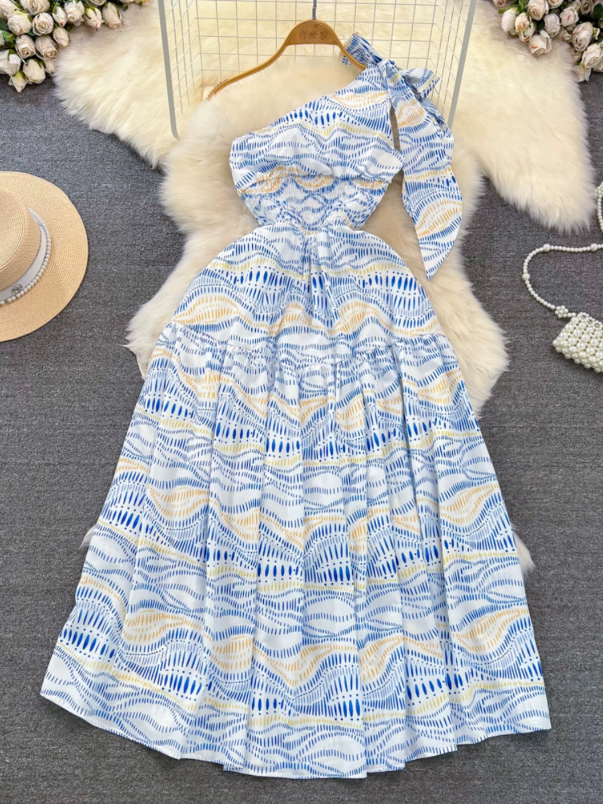 Oblique Neckline Dress with A-Line Silhouette Waist-Cinching Detail and Printed Pattern Design