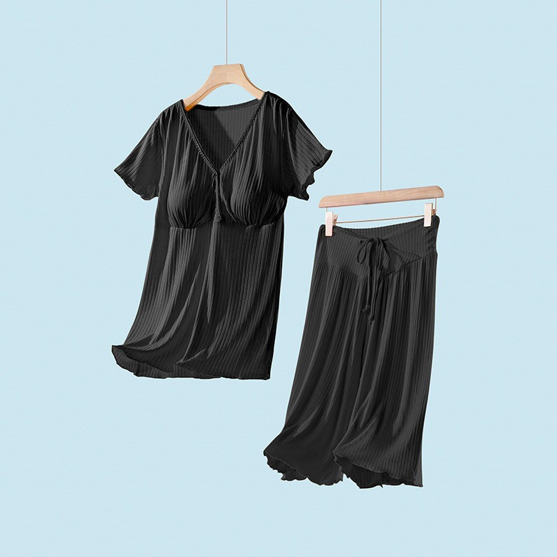 Pregnant Women's Summer Thin Maternity Postpartum Short-Sleeved Cropped Pants Two-Piece Set