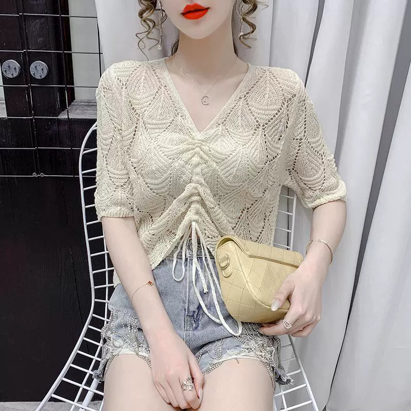 Cut-out drawstring V-neck long sleeve knitted Summer friendly Cropped tops