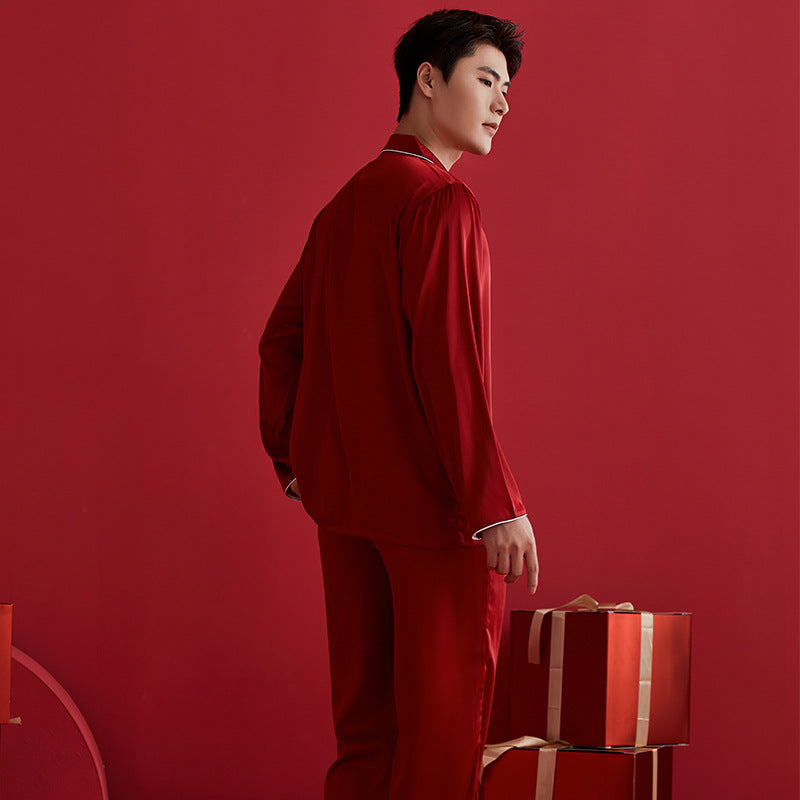 Simple and Casual Full Sleeve Couple Silk Red Loungewear Nightdress For Spring Summer Autumn
