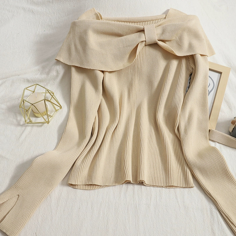 women's Solid Color Big Bow Neckline Off-Shoulder Slim knitted Sweater Top