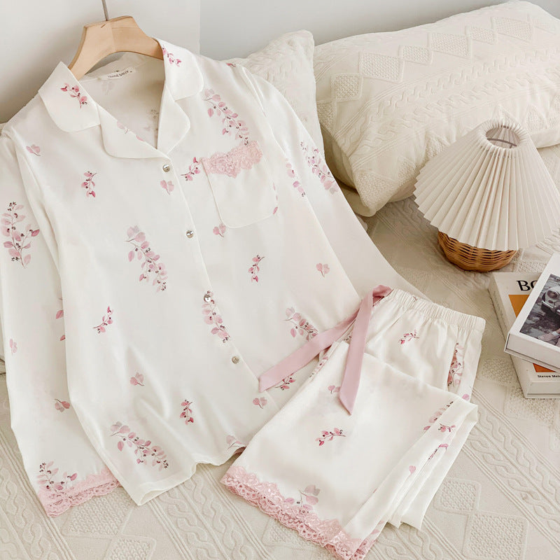 Women's Summer Comfy Refined Sweet Floral Luxurious Ice Silk Loungewear Pajamas