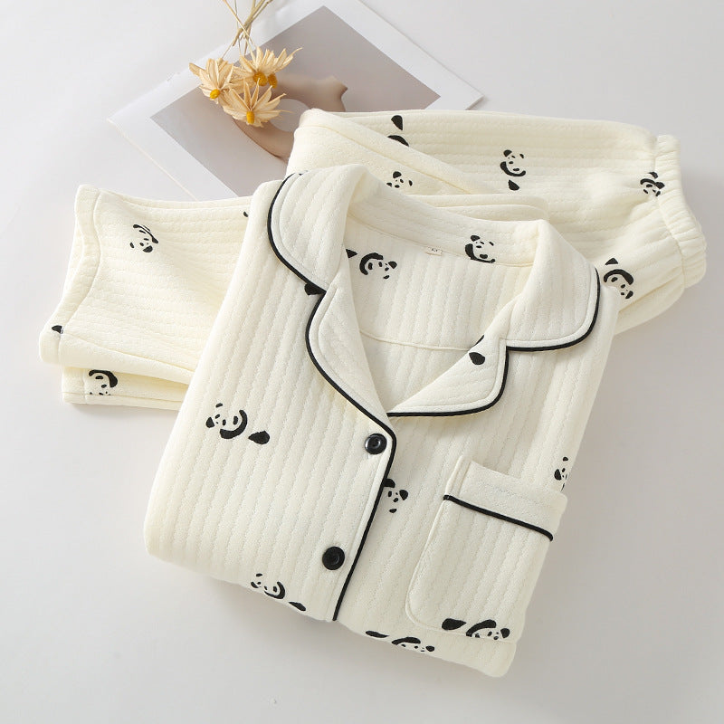 Premium Pure Three-Layer Air Cotton Quilted Printed Loungewear With Lapel Collar For Autumn And Winter