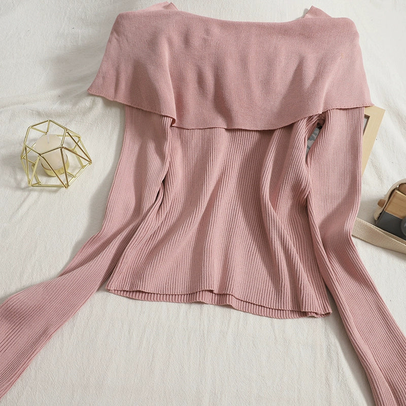 women's Solid Color Big Bow Neckline Off-Shoulder Slim knitted Sweater Top