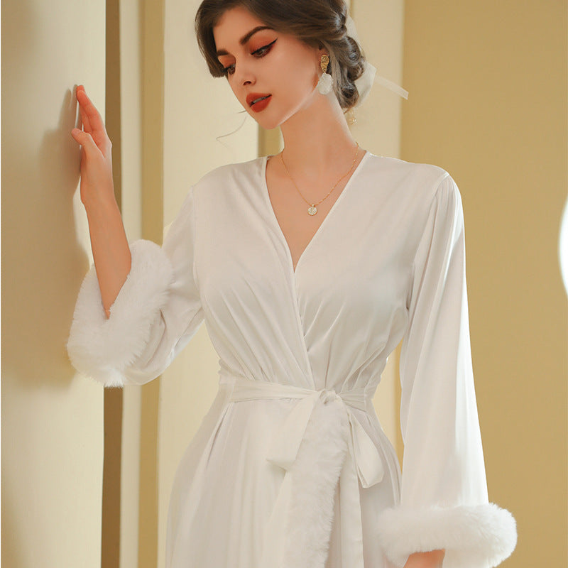 Women's Elegant Long Sleeved Satin Silk with Feather Trim Nightgown