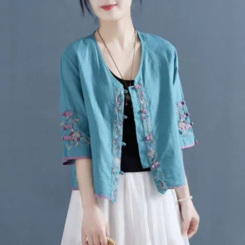 Women's Retro Style Embroidered cotton linen V-neck tops