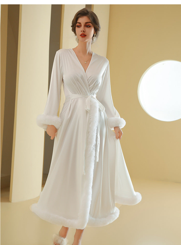 Women's Elegant Long Sleeved Satin Silk with Feather Trim Nightgown