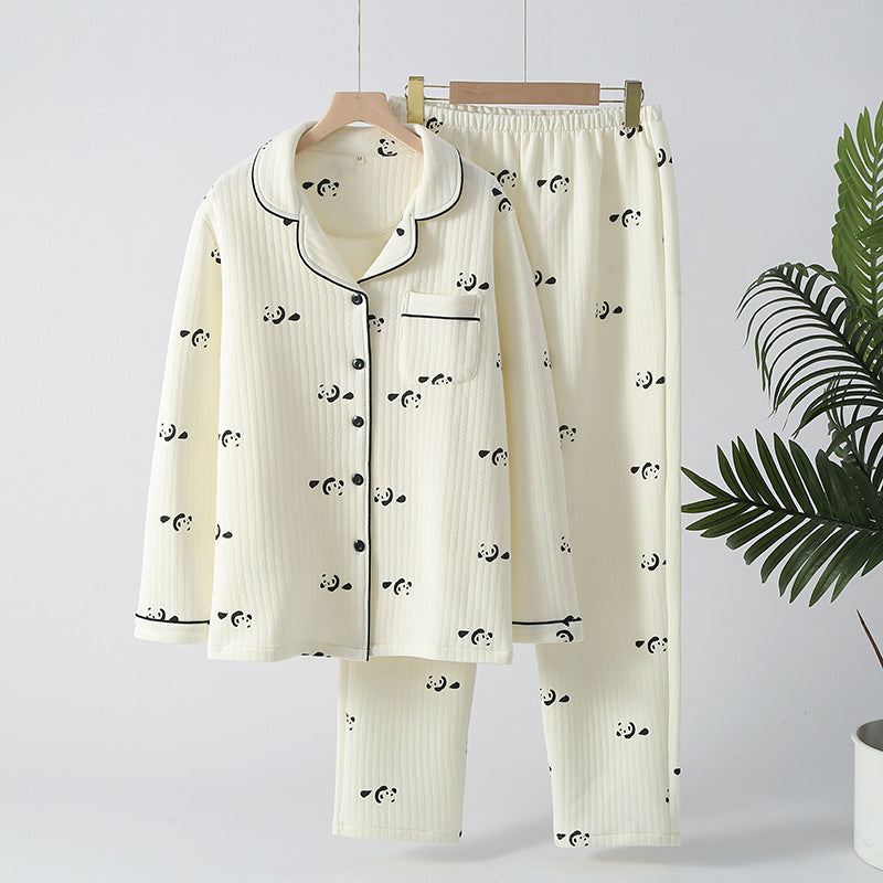 Premium Pure Three-Layer Air Cotton Quilted Printed Loungewear With Lapel Collar For Autumn And Winter