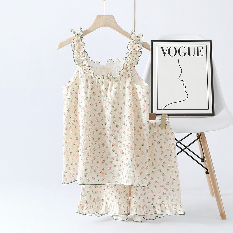 Women's Cotton Crepe Yarn suspender Short-Sleeved Shorts Sleepwear for summer