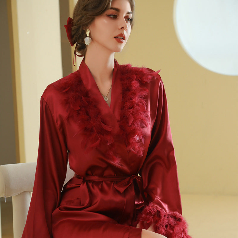 Bride Fur Collar Full Sleeved Feather Long Wedding dressing And Night Gown