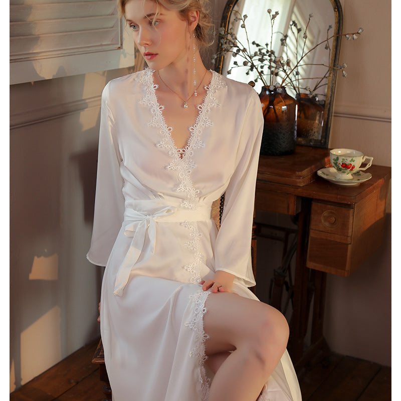 Autumn Women's Wedding Gown Bridal Ice Silk Backless Lace Sexy Night Dress