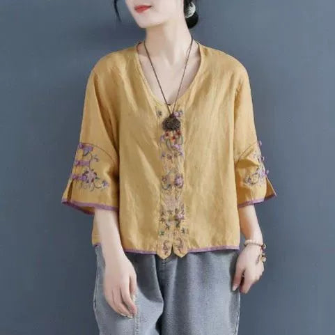 Women's Retro Style Embroidered cotton linen V-neck tops