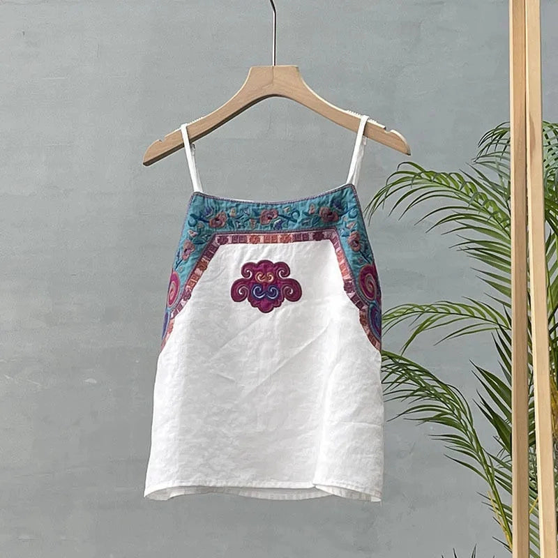 Cotton and linen Chinese style camisole, embroidered tops