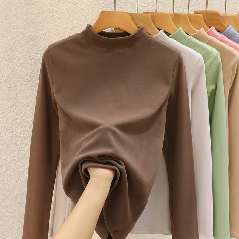 Reversible Velvet Thickened Semi-High Neck Base Long-Sleeved Shirt For Women's Autumn And Winter