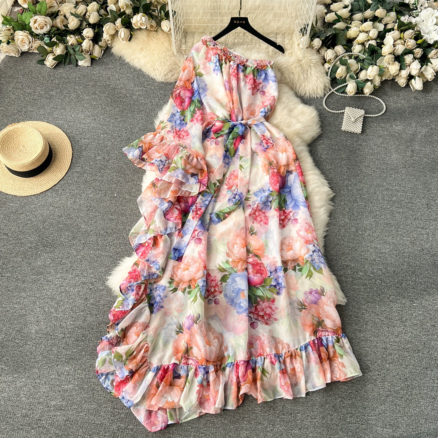 Floral series sweet fungus trim slanted collar off-the-shoulder bell sleeves ruffled design slim fit chiffon dress