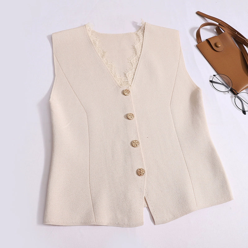French Temperament V-Neck Lace Vest Slim Thin Shouldered Sleeveless Top For Summer