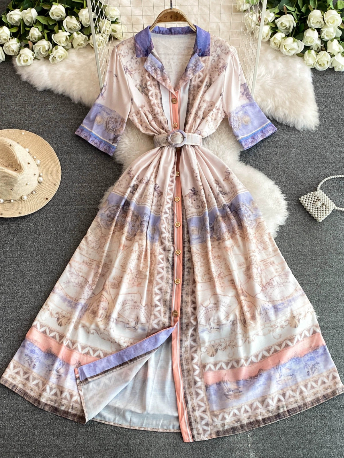 Elegant European-American Style Cinched Waist Belt Dress