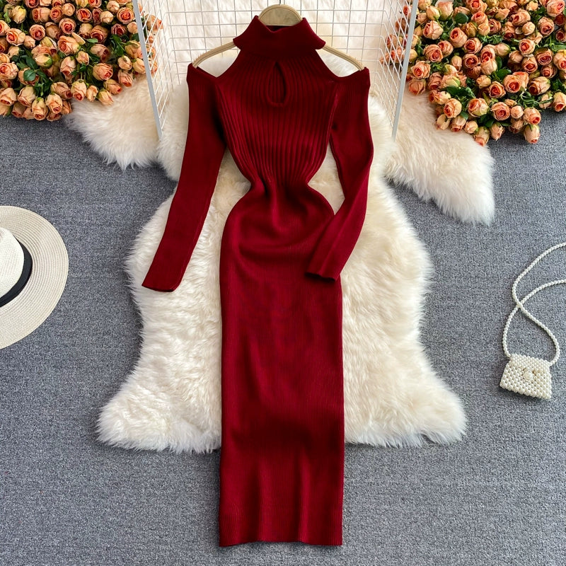 women'sย Winter Stand-up collar knitted stretch Bodycon dress With Long-Sleeved Strapless Design