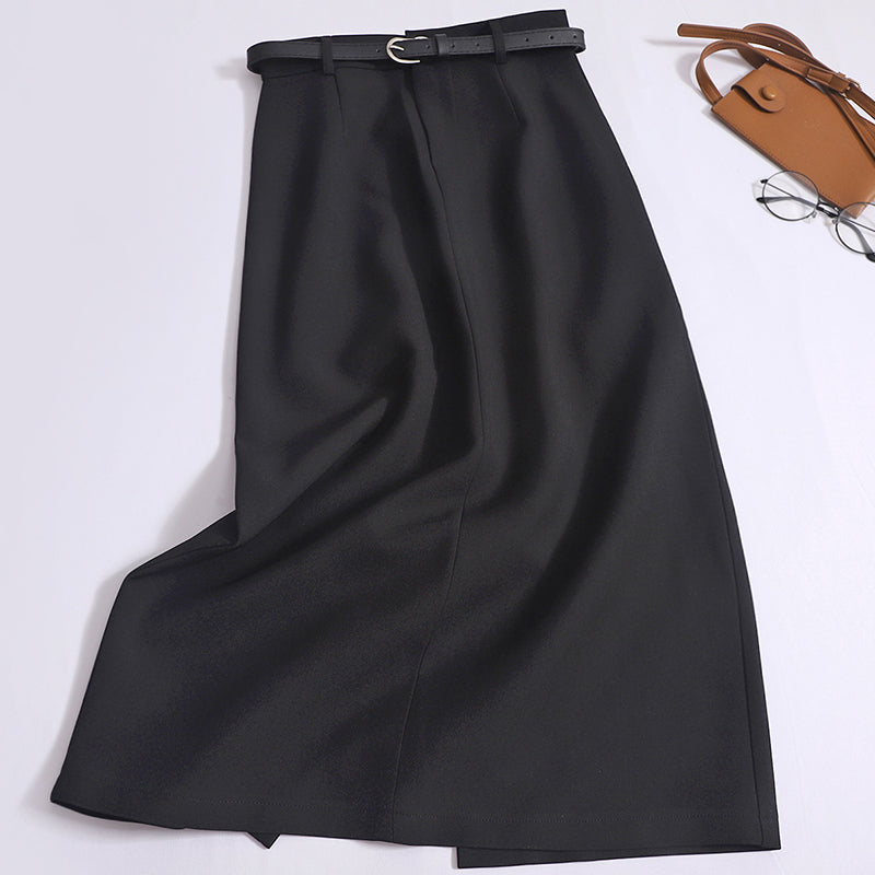 Women's High-End Temperament High-Waisted Thin Drape Slit One-Step Hip Skirt With Belt