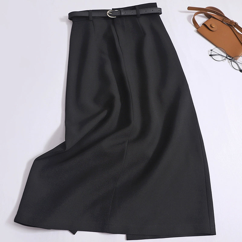 Women's High-End Temperament High-Waisted Thin Drape Slit One-Step Hip Skirt With Belt